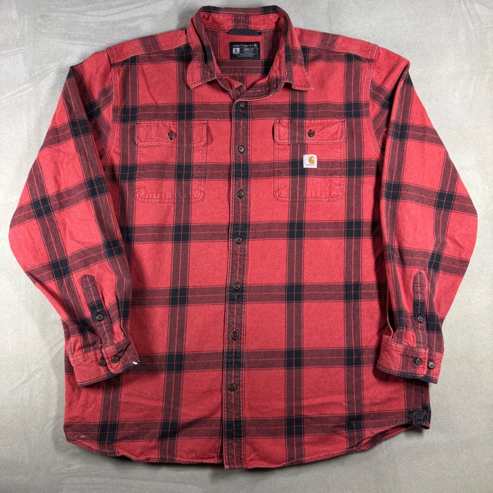 Carhartt Loose Fit Flannel Shirt Mens XL Tall Red Black Plaid TW4451-M Cotton